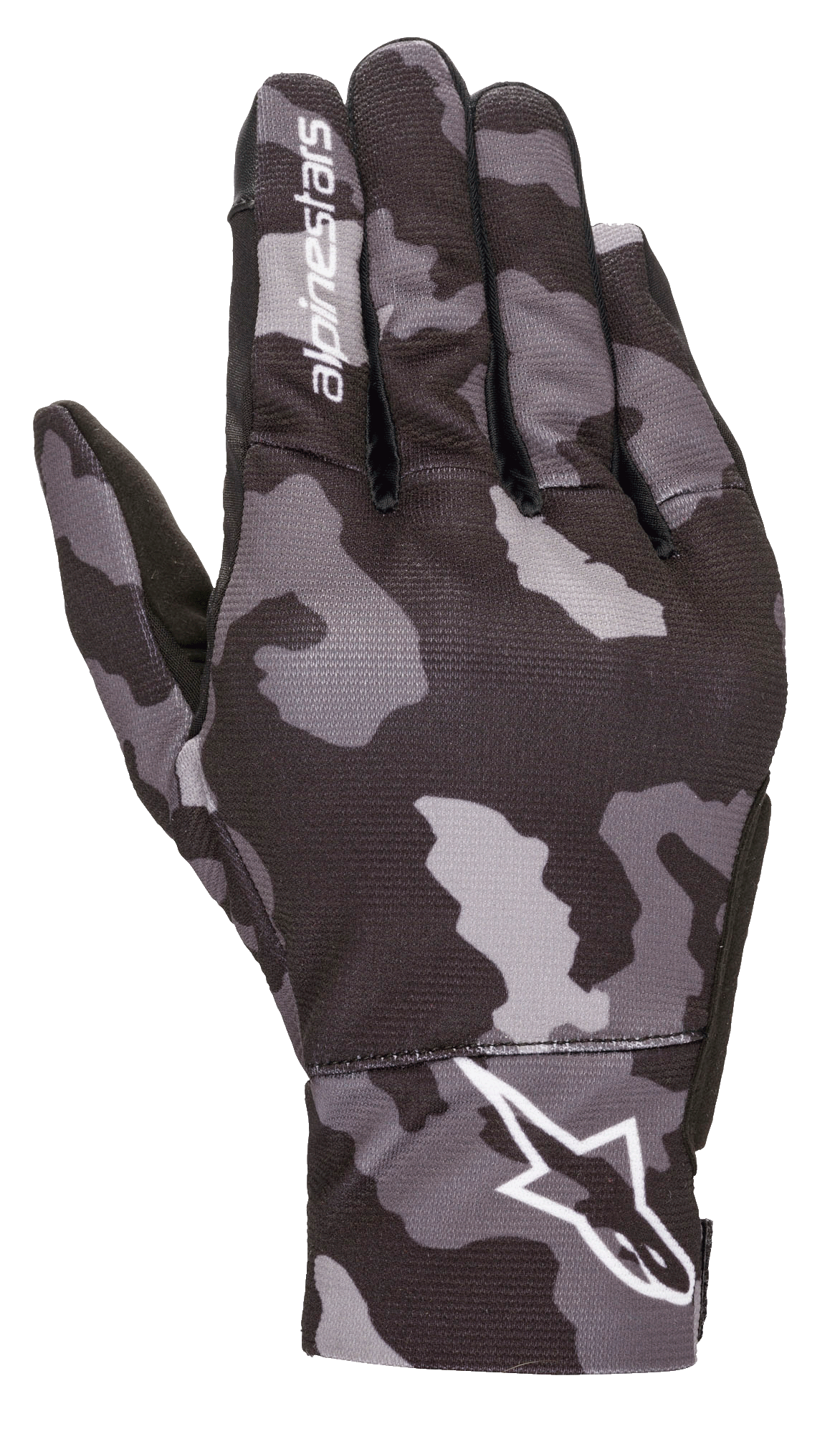 Guantes Alpinestars Youth Reef, guantes de moto urbanos, camuflaje gris y negro, vista del dorso con un patrón de camuflaje gris y logotipos Alpinestars blancos en la muñeca y el dedo índice, construcción ligera de tejido elástico