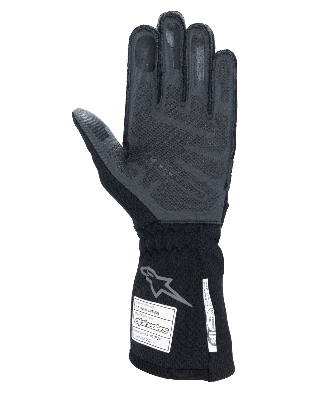 Guantes Alpinestars Tech-1 ZX V4, Negro Antracita, vista de la palma con agarre de silicona 3D texturizado, puño largo con etiquetas de certificación de seguridad FIA y SFI, guantes profesionales para carreras de autos