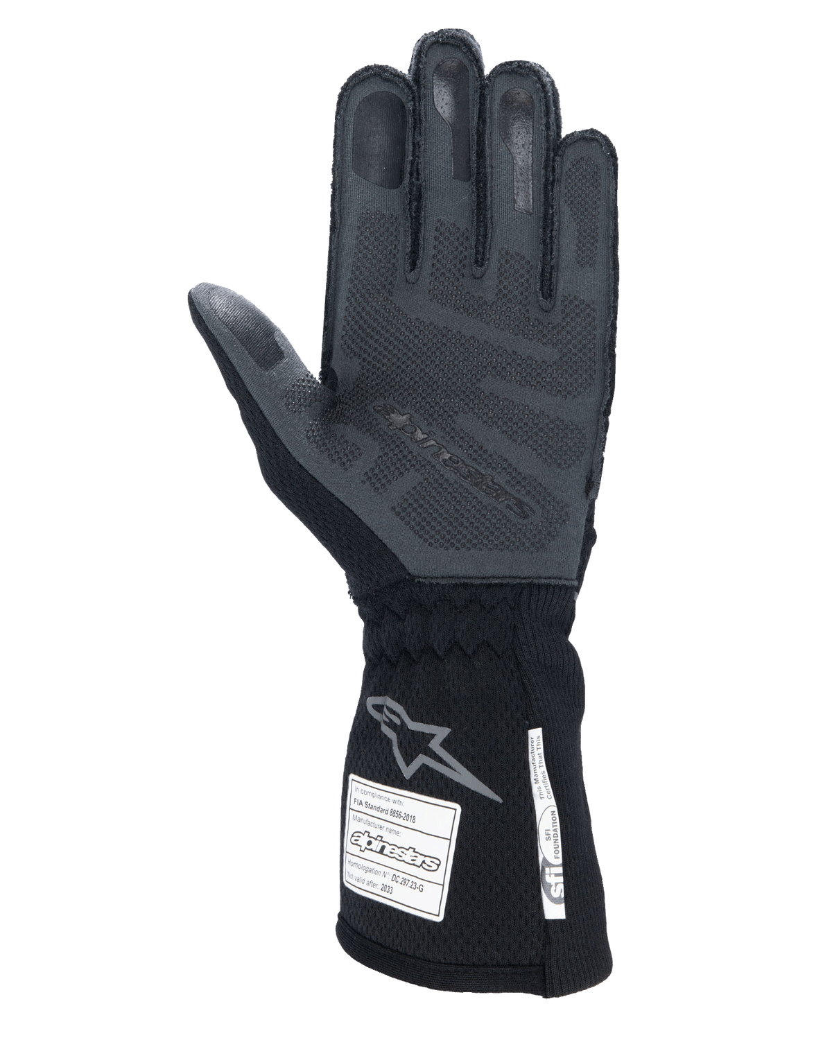 Guantes Alpinestars Tech-1 ZX V4, Negro Antracita, vista de la palma con agarre de silicona 3D texturizado, puño largo con etiquetas de certificación de seguridad FIA y SFI, guantes profesionales para carreras de autos