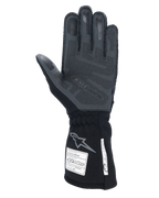 Guantes Alpinestars Tech-1 ZX V4, Negro Antracita, vista de la palma con agarre de silicona 3D texturizado, puño largo con etiquetas de certificación de seguridad FIA y SFI, guantes profesionales para carreras de autos