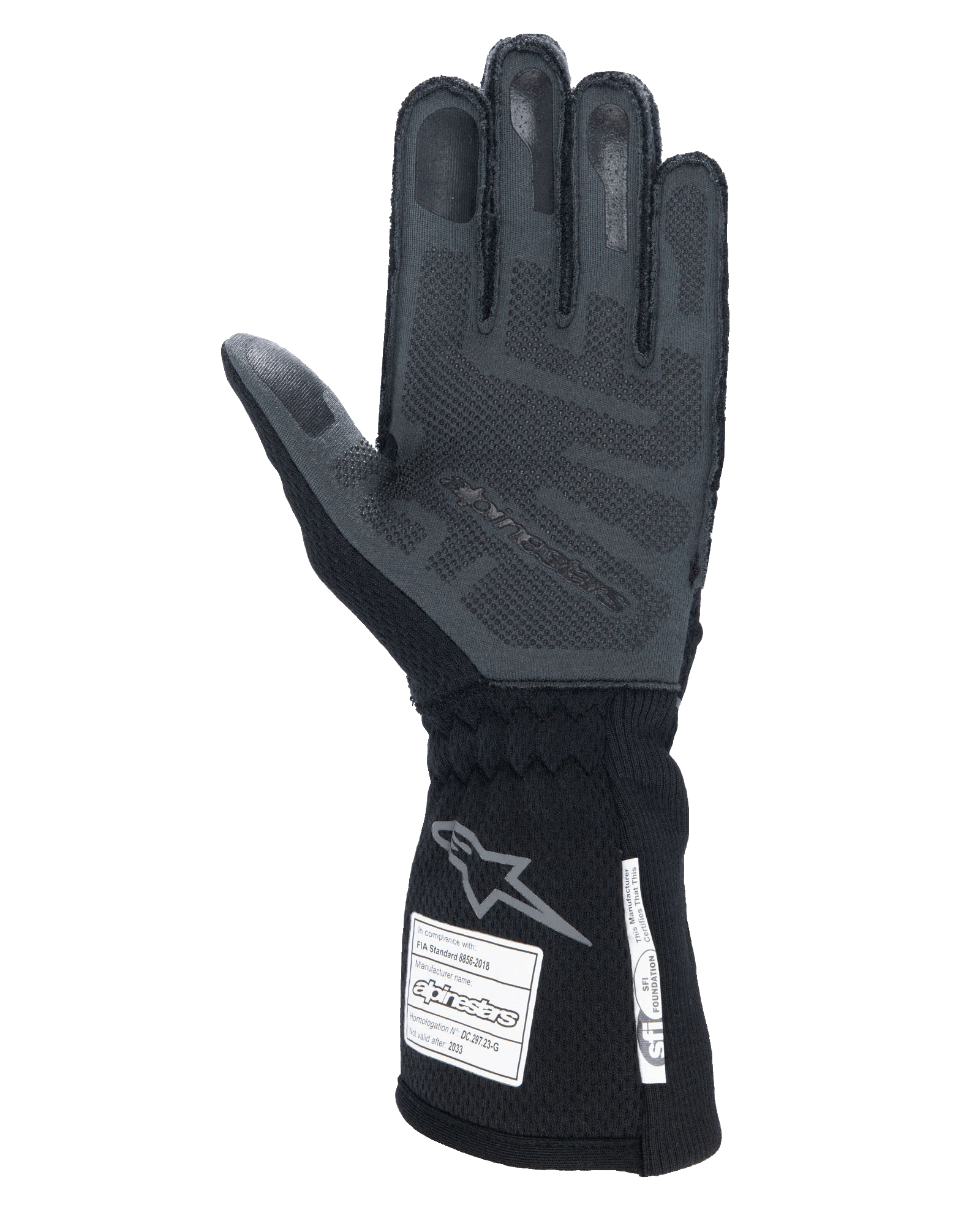 Guantes Alpinestars Tech-1 ZX V4, Negro Antracita, vista de la palma con agarre de silicona 3D texturizado, puño largo con etiquetas de certificación de seguridad FIA y SFI, guantes profesionales para carreras de autos