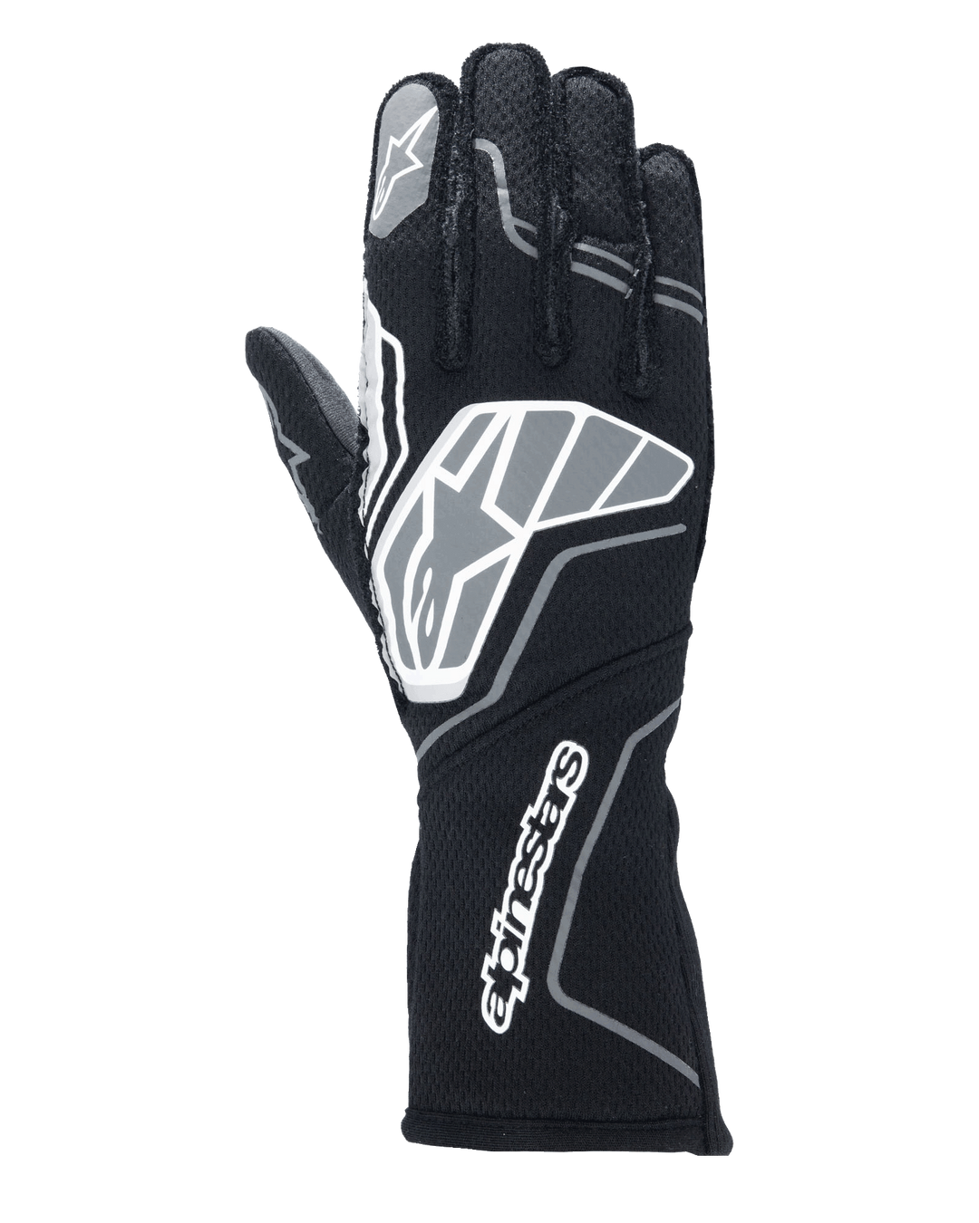 Guantes Alpinestars Tech-1 ZX V4, guantes para automovilismo, negro y gris antracita, con un gran logo de estrella en el dorso y la marca Alpinestars en el puño largo, logo de estrella en el dedo índice, construcción profesional resistente a las llamas