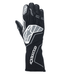 Guantes Alpinestars Tech-1 ZX V4, guantes para automovilismo, negro y gris antracita, con un gran logo de estrella en el dorso y la marca Alpinestars en el puño largo, logo de estrella en el dedo índice, construcción profesional resistente a las llamas