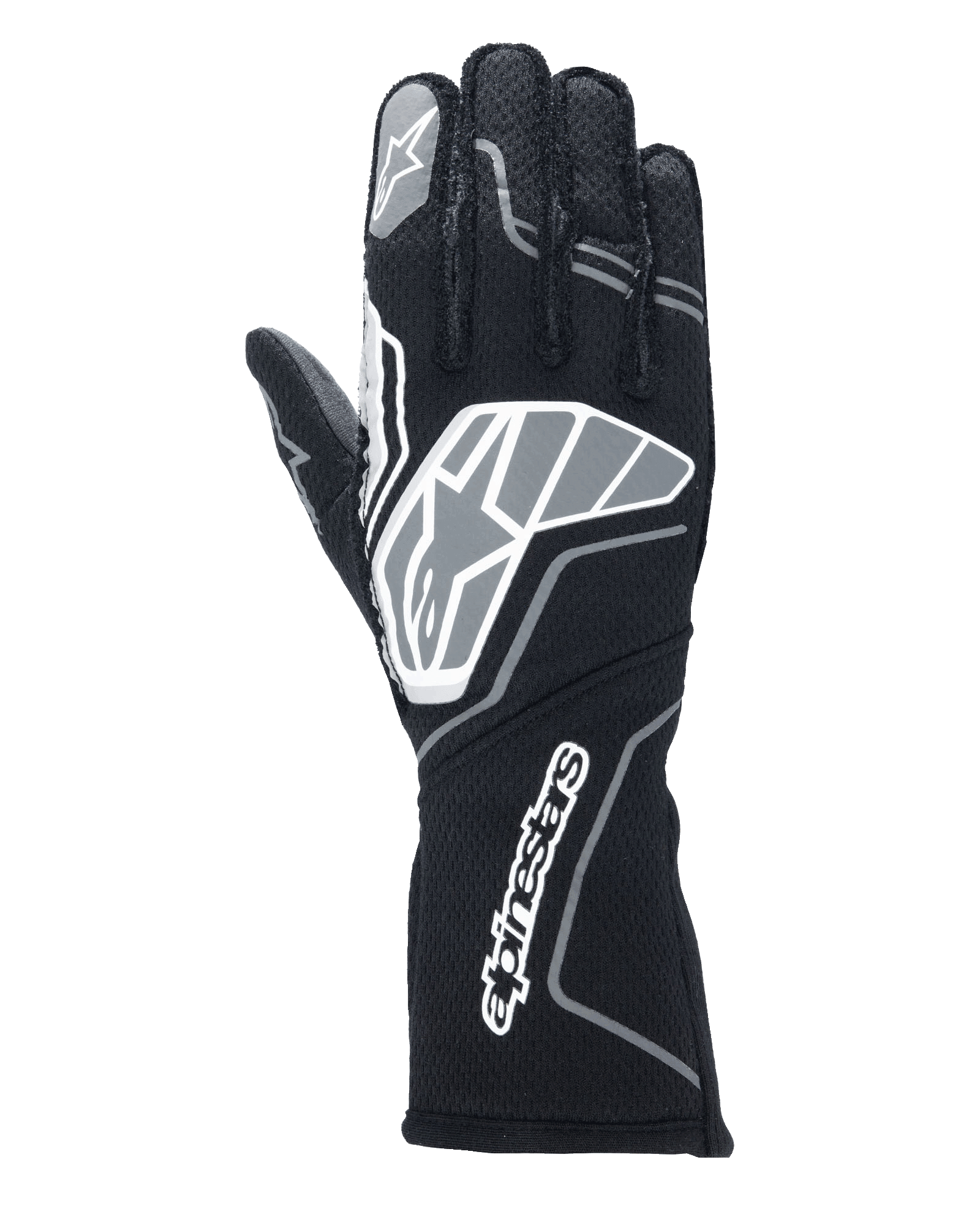 Guantes Alpinestars Tech-1 ZX V4, guantes para automovilismo, negro y gris antracita, con un gran logo de estrella en el dorso y la marca Alpinestars en el puño largo, logo de estrella en el dedo índice, construcción profesional resistente a las llamas