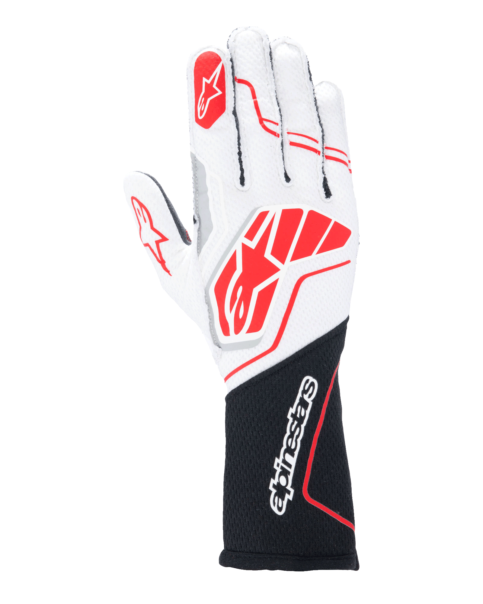 Guantes Alpinestars Tech-1 ZX V4, guantes para carreras de automovilismo, blancos y negros con detalles rojos, tejido alveolar texturizado con costuras externas, logotipo rojo grande en el dorso de la mano, sección de la muñeca extendida negra con el nombre de la marca Alpinestars en blanco