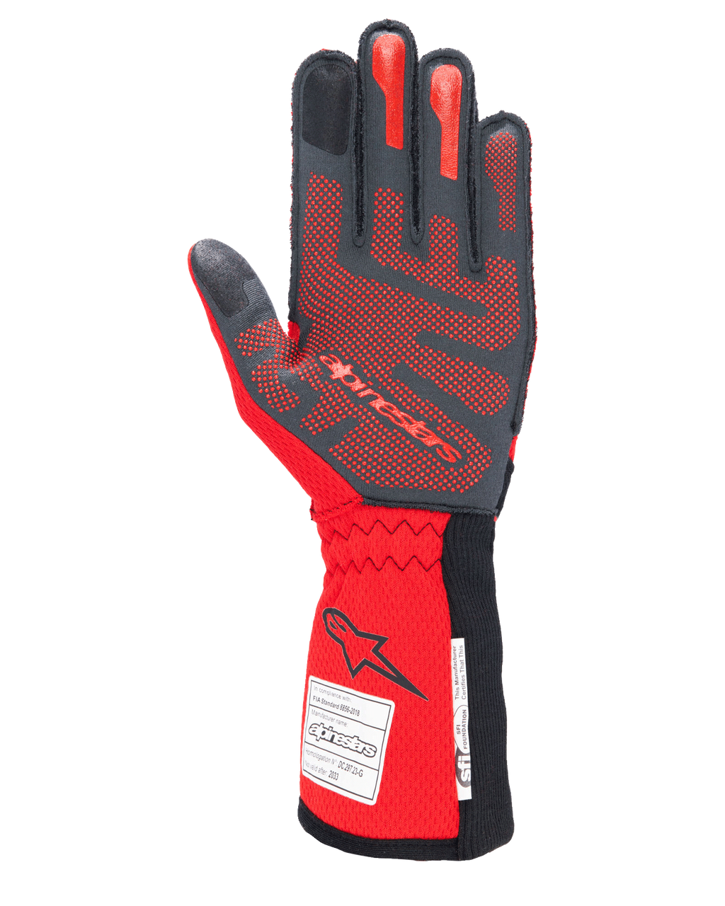 Guantes Alpinestars Tech-1 ZX V4, guantes de automovilismo, negros y rojos, vista de la palma con patrón de agarre de silicona 3D roja y etiquetas de homologación FIA/SFI en el puño, diseñados para alto rendimiento en deportes de motor