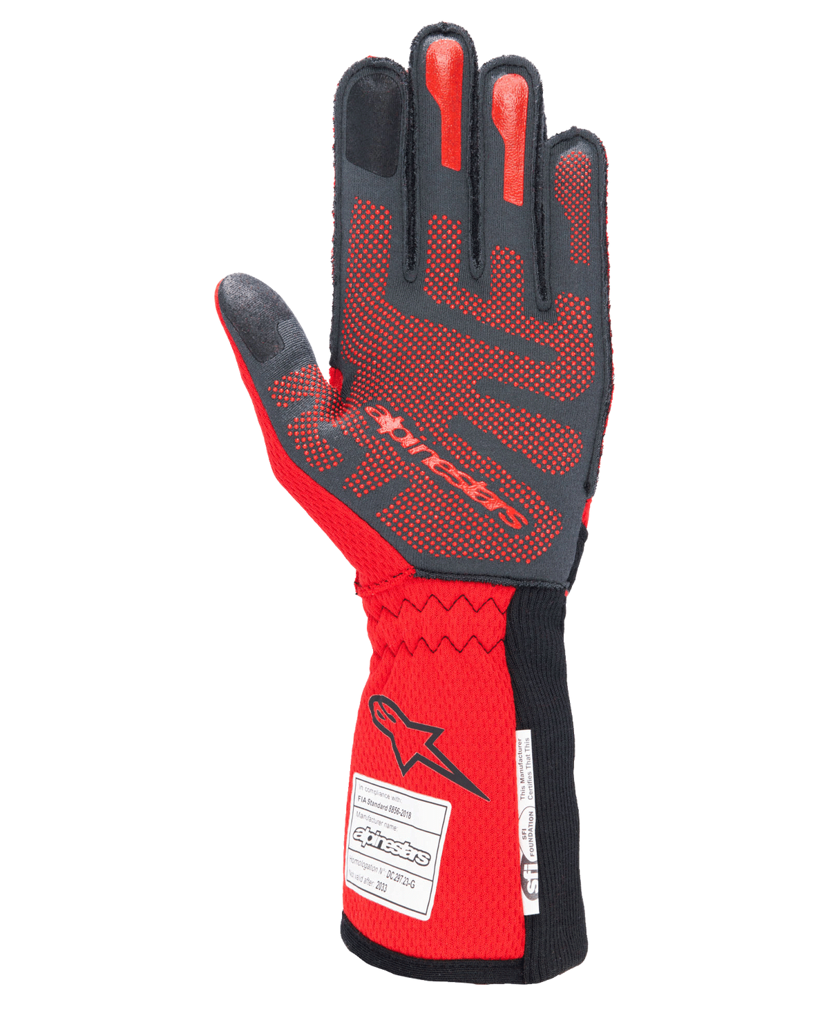 Guantes Alpinestars Tech-1 ZX V4, guantes de automovilismo, negros y rojos, vista de la palma con patrón de agarre de silicona 3D roja y etiquetas de homologación FIA/SFI en el puño, diseñados para alto rendimiento en deportes de motor