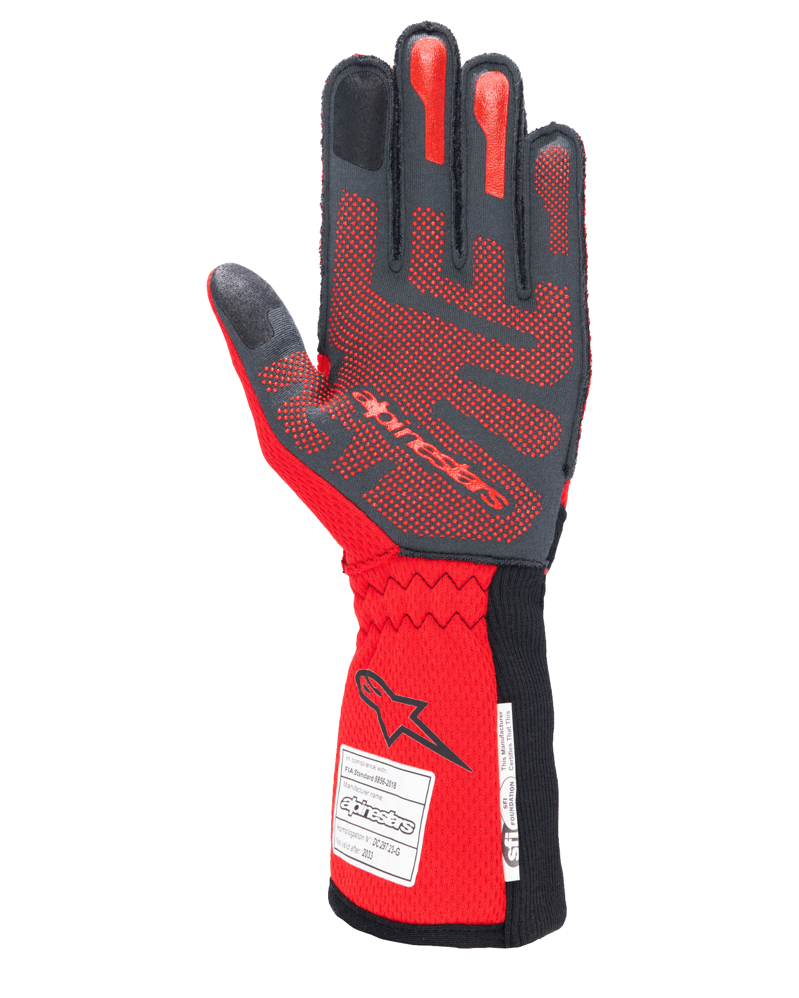 Guantes Alpinestars Tech-1 ZX V4, guantes de automovilismo, negros y rojos, vista de la palma con patrón de agarre de silicona 3D roja y etiquetas de homologación FIA/SFI en el puño, diseñados para alto rendimiento en deportes de motor