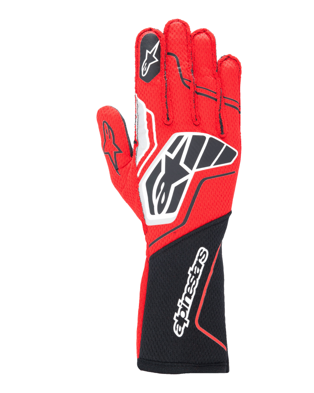 Guantes Alpinestars Tech-1 ZX V4, guantes profesionales de automovilismo, rojos y negros con detalles blancos, construcción de tejido alveolar, marca destacada y diseño ergonómico para alto rendimiento