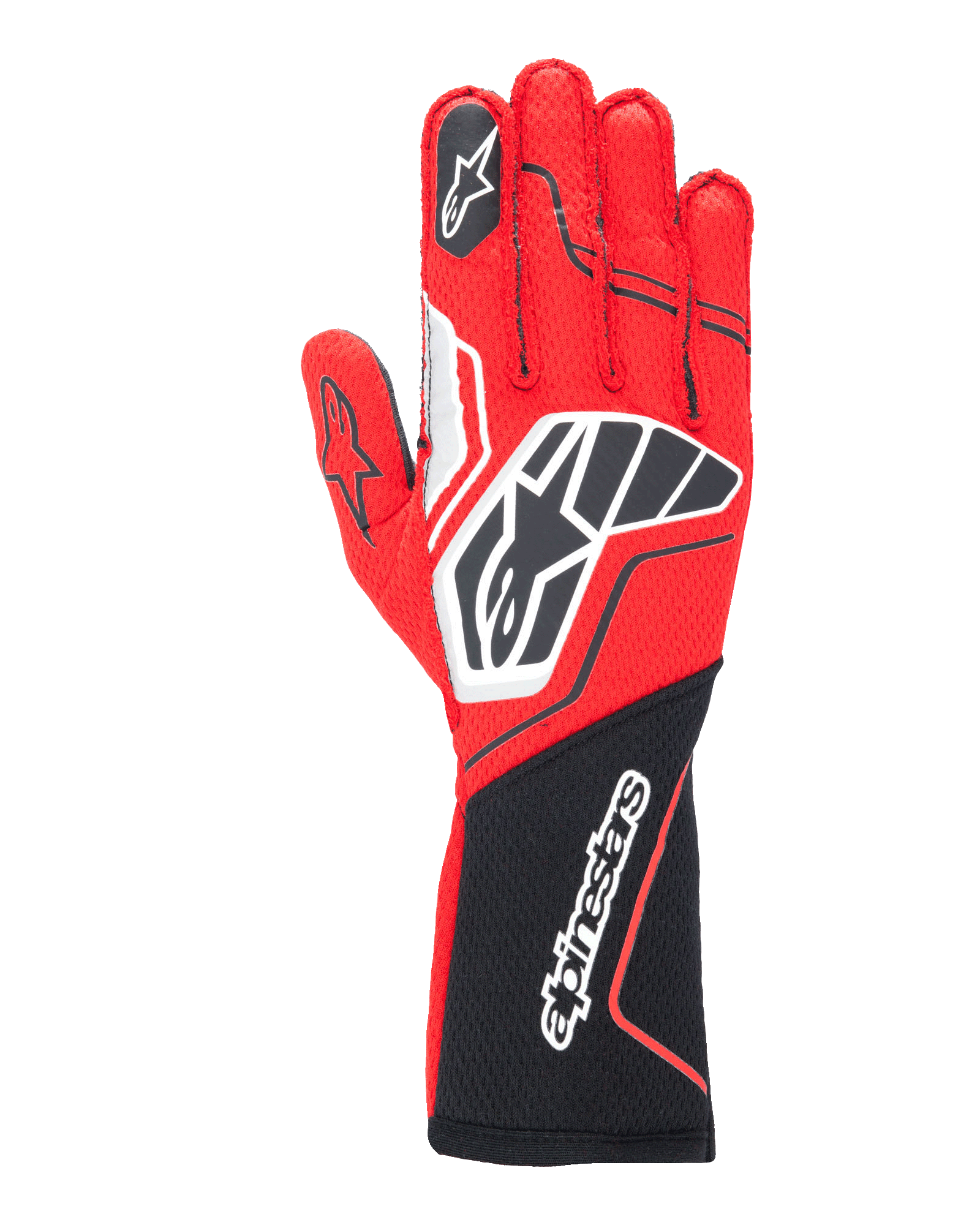 Guantes Alpinestars Tech-1 ZX V4, guantes profesionales de automovilismo, rojos y negros con detalles blancos, construcción de tejido alveolar, marca destacada y diseño ergonómico para alto rendimiento