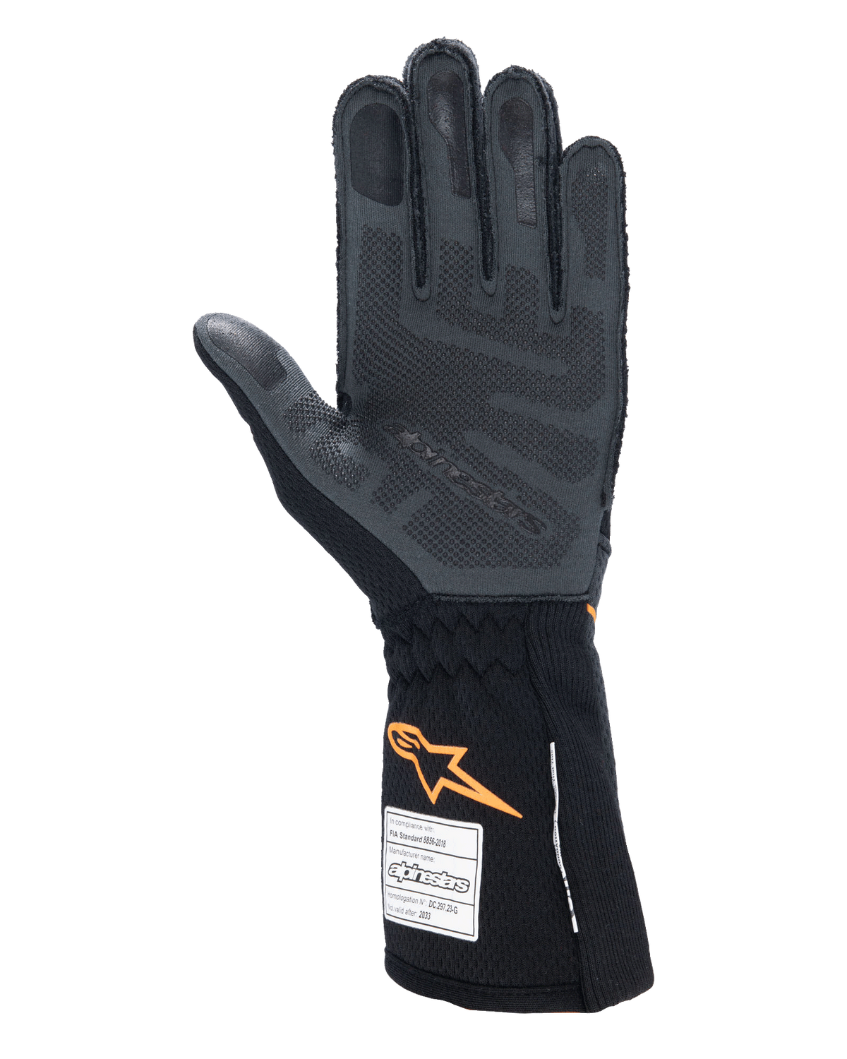 Guantes Alpinestars Tech-1 ZX V4, guantes de automovilismo, negro y naranja fluo, vista de la palma que muestra el patrón de agarre de silicona 3D y la textura de panal, etiquetas de homologación FIA y SFI visibles en el puño, equipo profesional de automovilismo