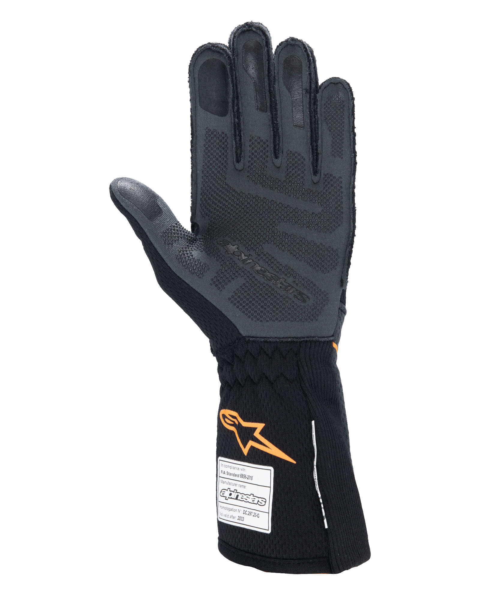 Guantes Alpinestars Tech-1 ZX V4, guantes de automovilismo, negro y naranja fluo, vista de la palma que muestra el patrón de agarre de silicona 3D y la textura de panal, etiquetas de homologación FIA y SFI visibles en el puño, equipo profesional de automovilismo