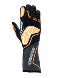 Guantes Alpinestars Tech-1 ZX V4, guantes de automovilismo, negros con detalles en naranja flúor y blanco, con un gran logotipo gráfico en el dorso de la mano, tejido con textura de panal en el puño, diseño geométrico deportivo para carreras profesionales