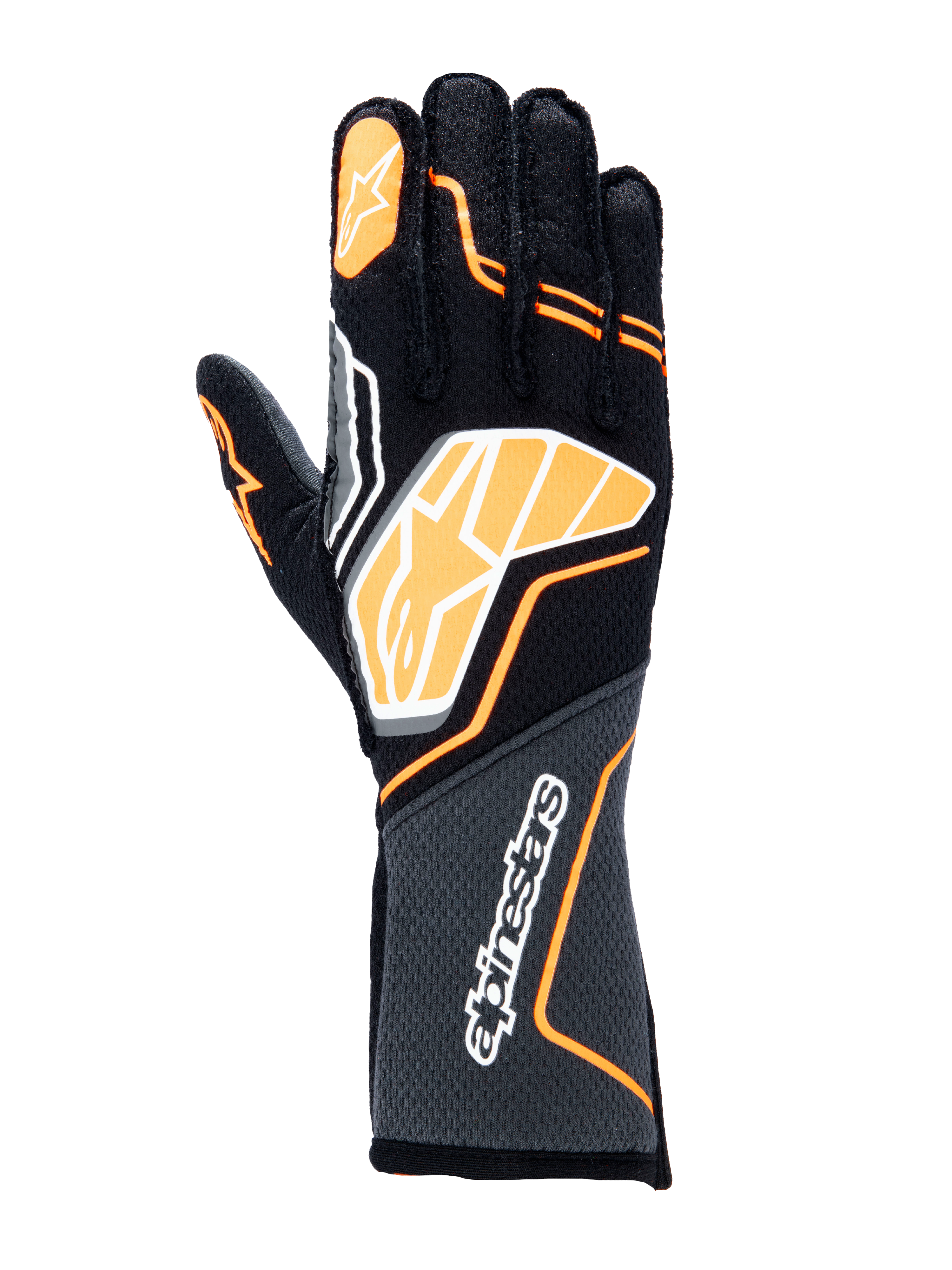 Guantes Alpinestars Tech-1 ZX V4, guantes de automovilismo, negros con detalles en naranja flúor y blanco, con un gran logotipo gráfico en el dorso de la mano, tejido con textura de panal en el puño, diseño geométrico deportivo para carreras profesionales
