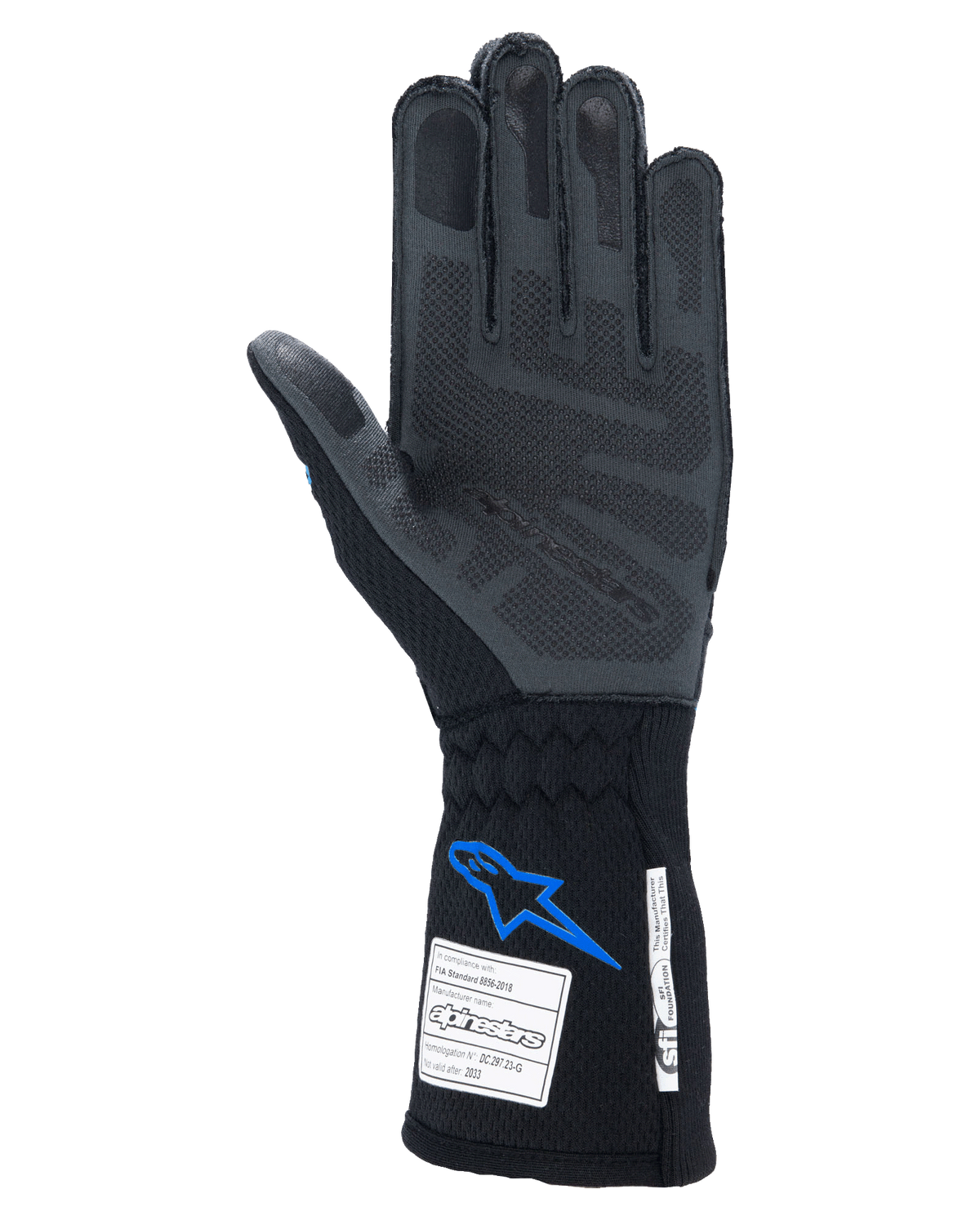 Guantes Alpinestars Tech-1 ZX V4, guantes de automovilismo, negro y azul, vista de la palma que muestra la tecnología de agarre de silicona 3D gris, con etiquetas de certificación FIA y SFI en el puño, protección profesional para deportes de motor