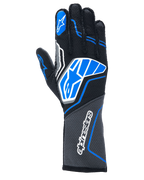 Guantes Alpinestars Tech-1 ZX V4, guantes de automovilismo, negros con detalles en azul y gris, con el logotipo de la estrella y el nombre de Alpinestars en blanco, construcción de tejido de panal, equipamiento profesional para deportes de motor
