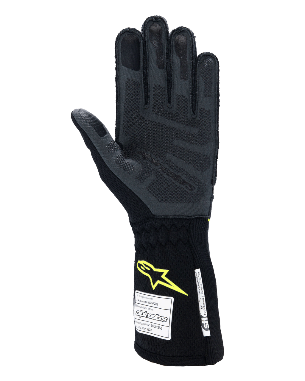 Guantes Alpinestars Tech-1 ZX V4, guantes de automovilismo, gris tar y negro con logo amarillo flúor, vista de la palma que muestra el agarre de silicona 3D texturizado y etiquetas de certificación de seguridad FIA/SFI, equipamiento profesional para automovilismo