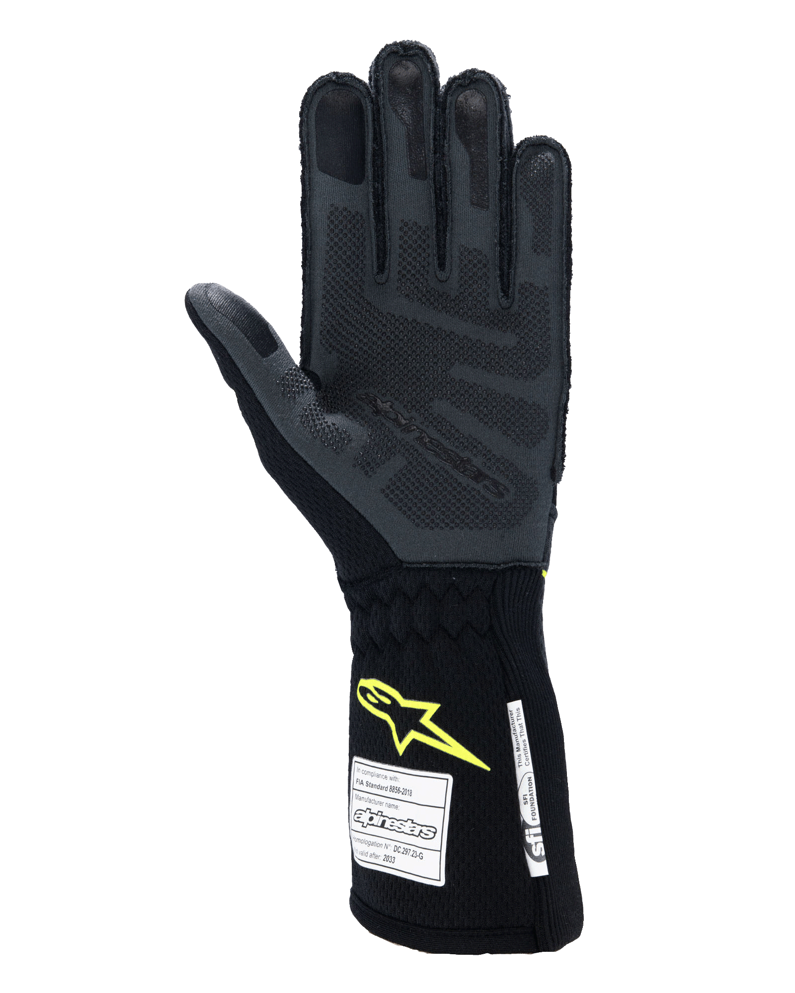 Guantes Alpinestars Tech-1 ZX V4, guantes de automovilismo, gris tar y negro con logo amarillo flúor, vista de la palma que muestra el agarre de silicona 3D texturizado y etiquetas de certificación de seguridad FIA/SFI, equipamiento profesional para automovilismo