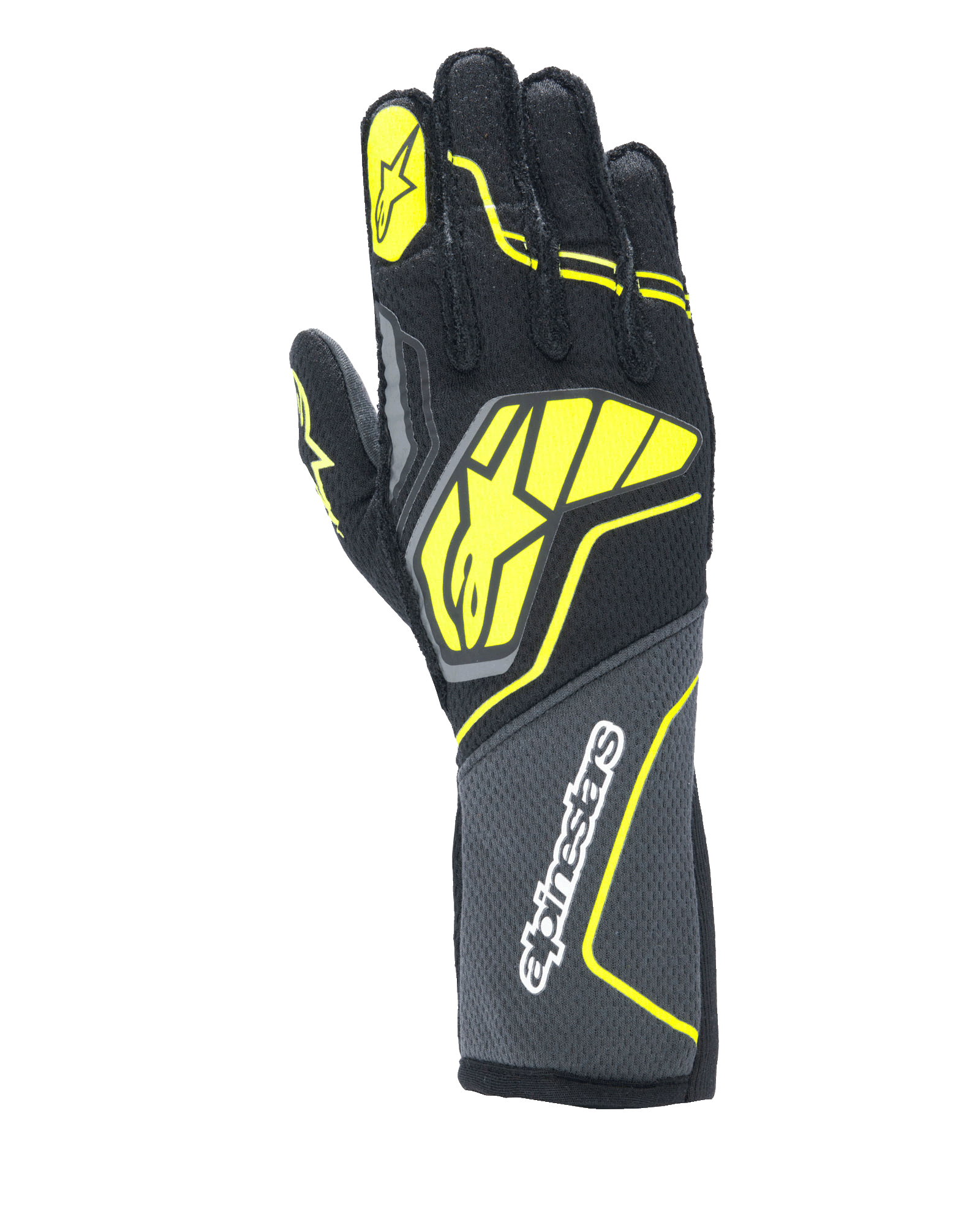 Guantes Alpinestars Tech-1 ZX V4, guantes de automovilismo, gris alquitrán, negro y amarillo fluorescente, con un gran logotipo de estrella amarilla en el dorso y marca blanca en el puño, tejido con textura de panal con detalles neón angulares, equipo profesional de automovilismo