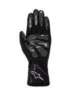 Alpinestars Tech-1 K Race V2 Gloves Graphic 1, Karting Gloves, Black Tar Gray and White, palm view showing white silicone grip pattern and Alpinestars logo on the wrist cuff.