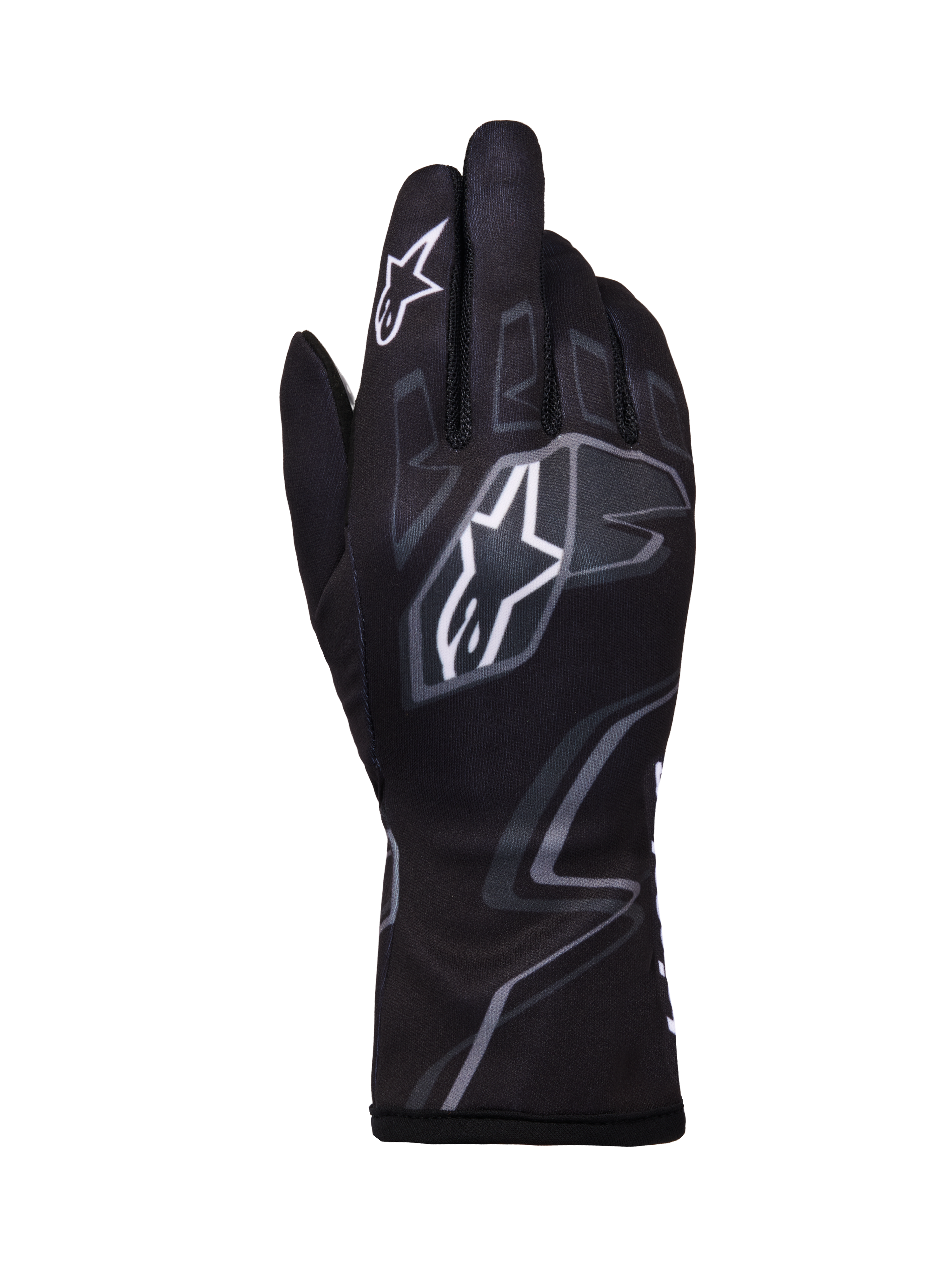 Alpinestars Tech-1 K Race V2 Gloves Graphic 1, Karting Racing Gloves, Black with white and gray geometric patterns, featuring Alpinestars star logo, lightweight textile construction with printed graphics