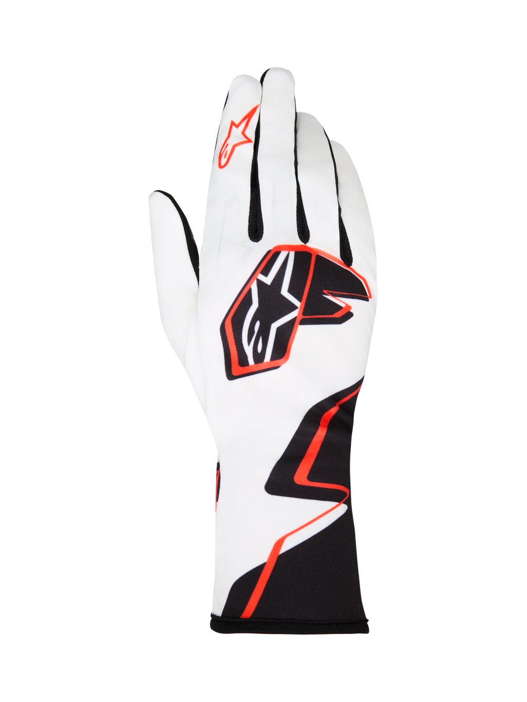 Alpinestars Tech-1 K Race V2 Gloves Graphic 1, Karting Gloves, White with Black and Hot Orange geometric design, featuring the Alpinestars star logo on the back and index finger, lightweight breathable textile with an extended cuff