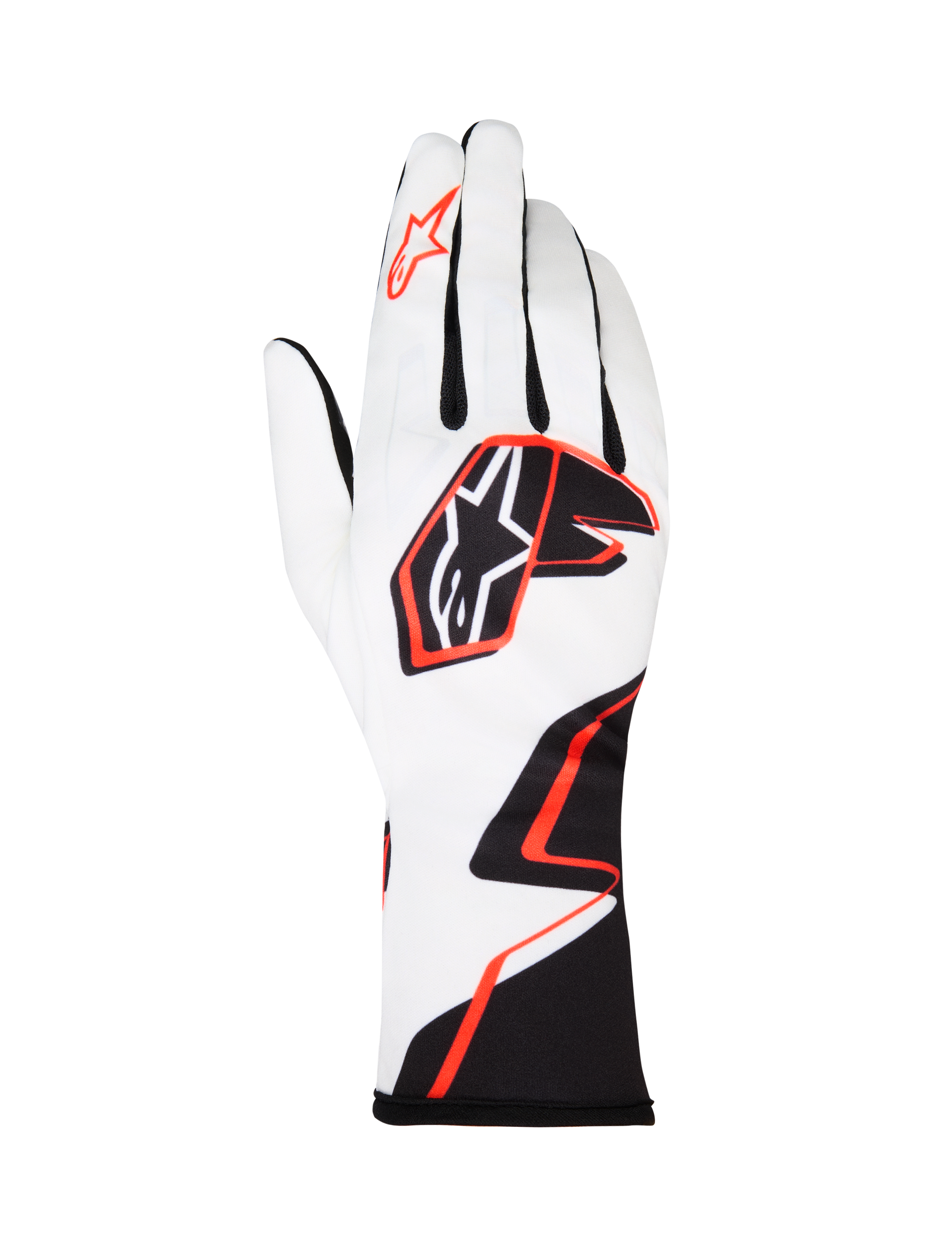 Alpinestars Tech-1 K Race V2 Gloves Graphic 1, Karting Gloves, White with Black and Hot Orange geometric design, featuring the Alpinestars star logo on the back and index finger, lightweight breathable textile with an extended cuff