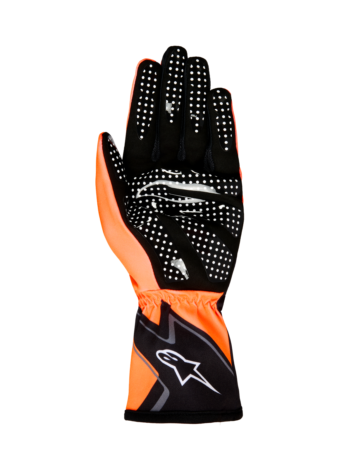 Guantes Alpinestars Tech-1 K Race V2 Graphic 1, guantes de karting, naranja flúor y negro, vista de la palma que muestra el patrón de agarre de silicona blanca y el logotipo de Alpinestars en el puño