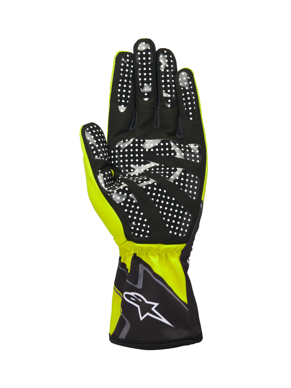 Guantes Alpinestars Tech-1 K Race V2 Graphic 1, amarillo fluo, negro y blanco, vista de la palma con ante sintético negro y un patrón de puntos de silicona blancos para el agarre, puño elástico con el logotipo de Alpinestars en blanco, guante de karting de alto rendimiento