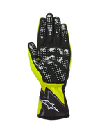 Guantes Alpinestars Tech-1 K Race V2 Graphic 1, amarillo fluo, negro y blanco, vista de la palma con ante sintético negro y un patrón de puntos de silicona blancos para el agarre, puño elástico con el logotipo de Alpinestars en blanco, guante de karting de alto rendimiento
