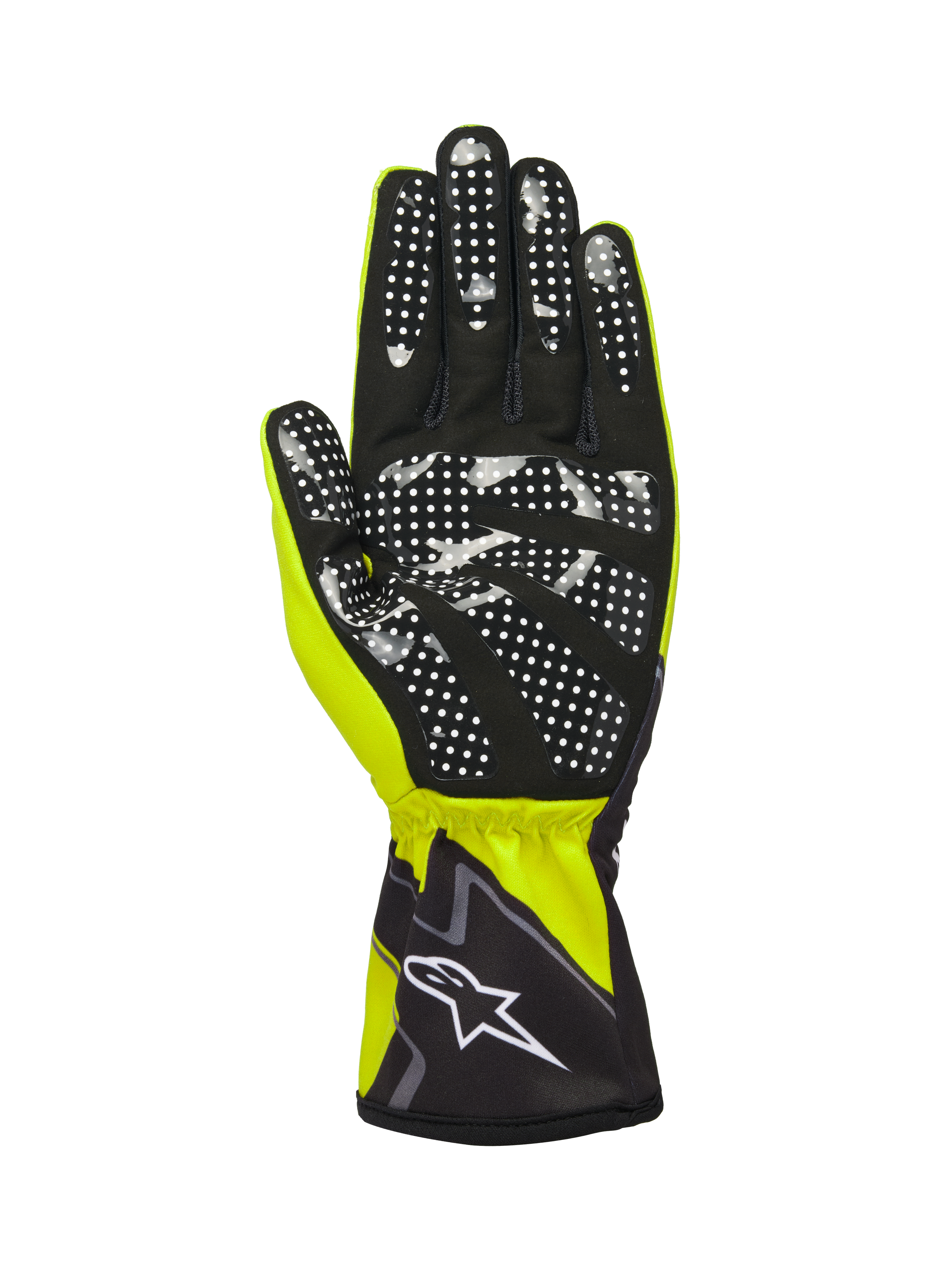 Guantes Alpinestars Tech-1 K Race V2 Graphic 1, amarillo fluo, negro y blanco, vista de la palma con ante sintético negro y un patrón de puntos de silicona blancos para el agarre, puño elástico con el logotipo de Alpinestars en blanco, guante de karting de alto rendimiento