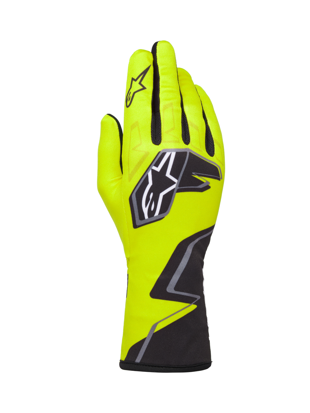 Alpinestars Tech-1 K Race V2 Gloves Graphic 1, guantes de karting, amarillo fluorescente, negro y blanco, con un gran logotipo de estrella en el dorso y un patrón geométrico en la muñeca, equipo profesional para deportes de motor