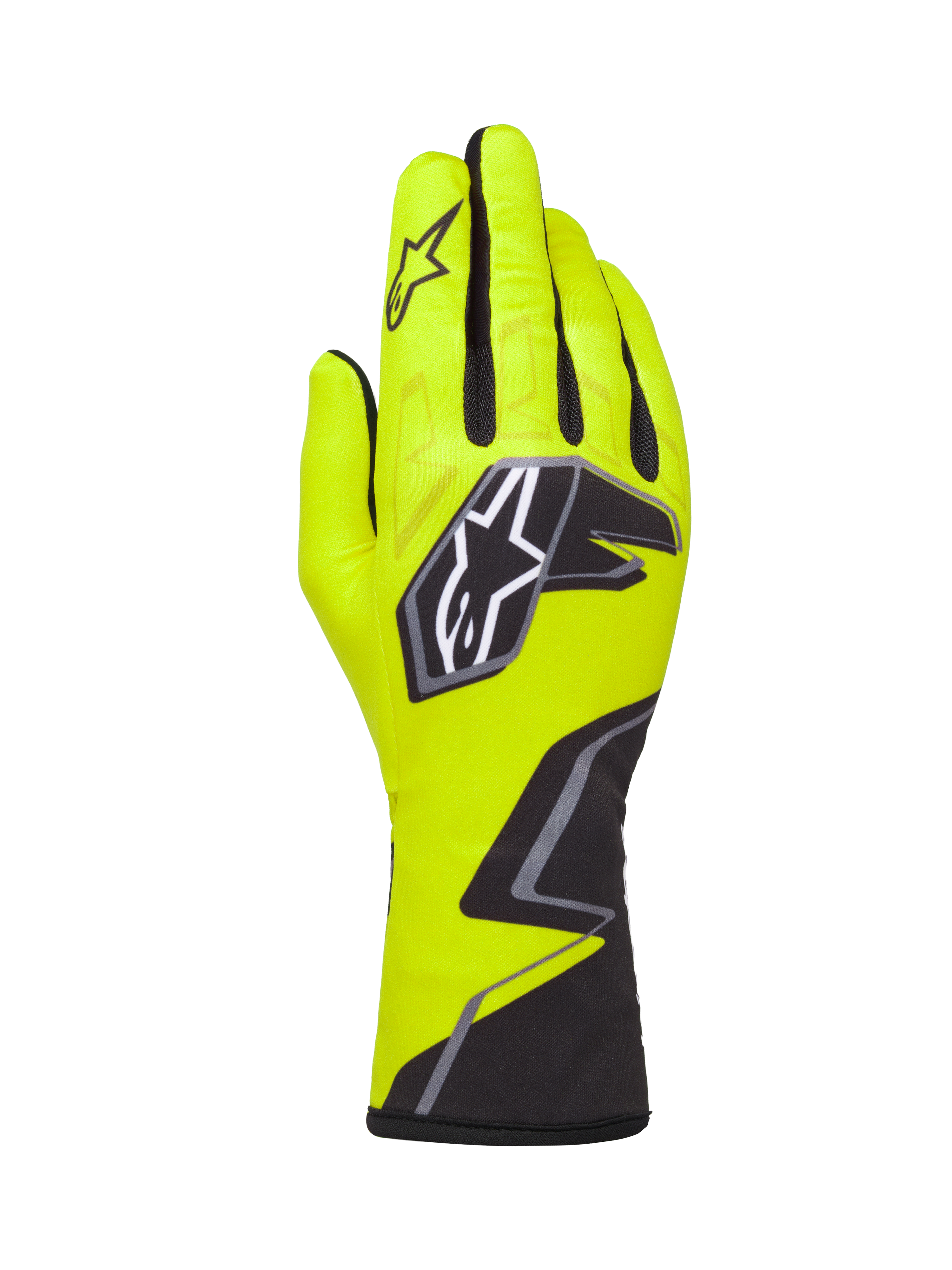 Alpinestars Tech-1 K Race V2 Gloves Graphic 1, guantes de karting, amarillo fluorescente, negro y blanco, con un gran logotipo de estrella en el dorso y un patrón geométrico en la muñeca, equipo profesional para deportes de motor