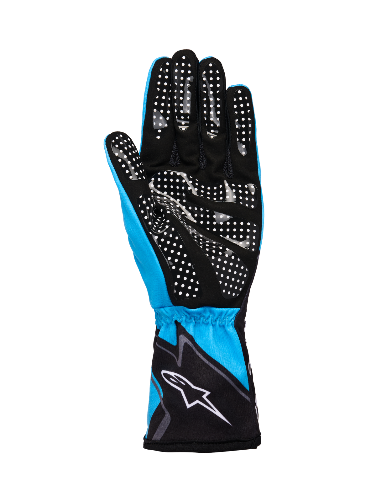 Alpinestars Tech-1 K Race V2 Gloves Graphic 1, guantes de karting, cian, negro y blanco, con palma de ante sintético con patrón de puntos de silicona blancos para el agarre, puño elástico con logotipo de Alpinestars en blanco, construcción ligera y transpirable para deportes de motor