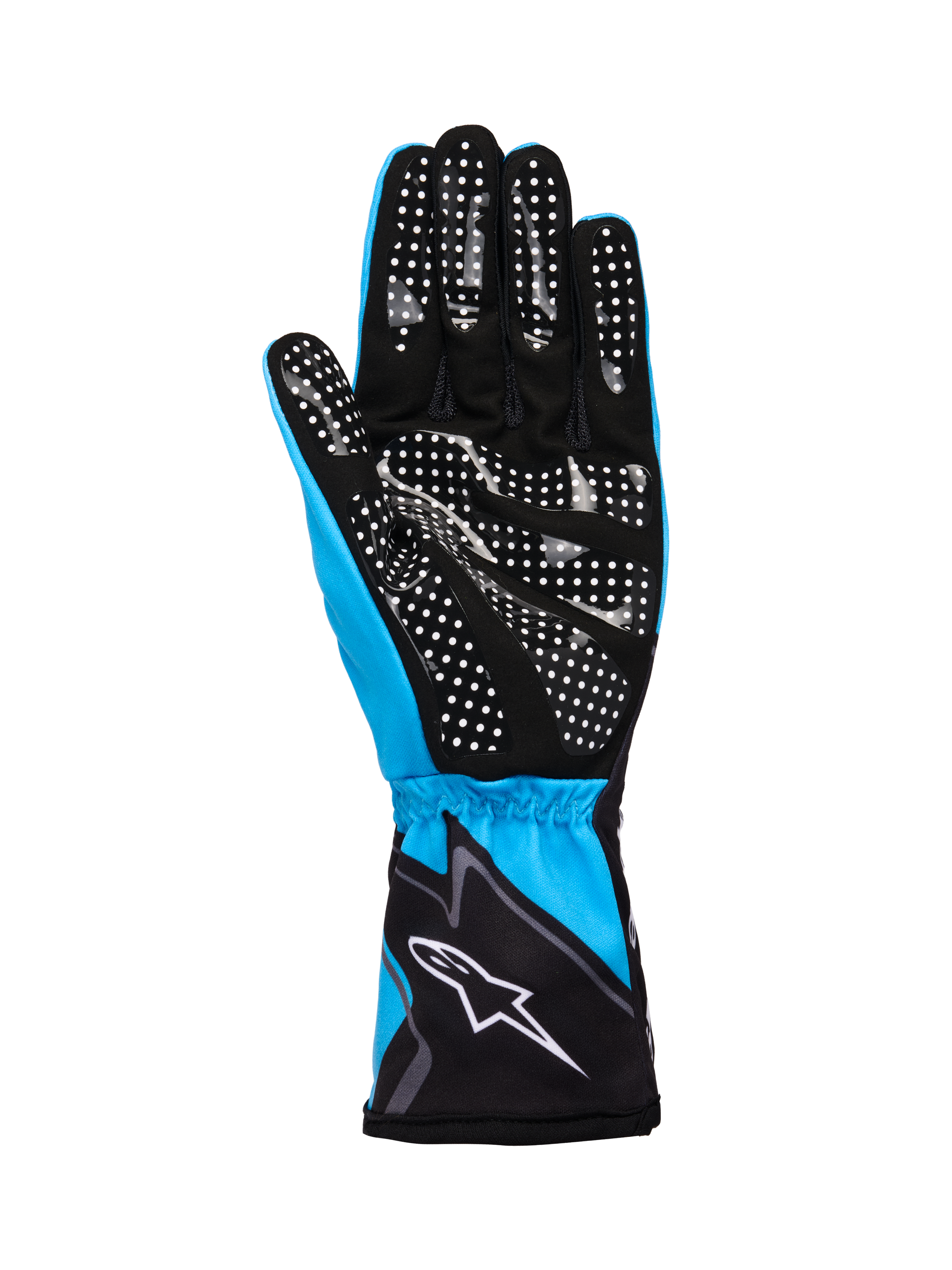 Alpinestars Tech-1 K Race V2 Gloves Graphic 1, Karting Gloves, Cyan Black and White, featuring a synthetic suede palm with white silicone dot pattern for grip, elasticated cuff with white Alpinestars logo, lightweight breathable construction for motorsport