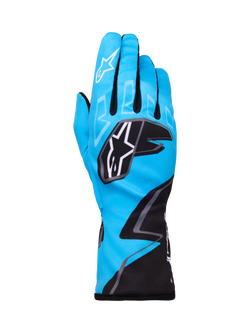 Alpinestars Tech-1 K Race V2 Gloves Graphic 1, guantes de carreras de karting, cian, negro y blanco, con llamativos patrones geométricos, logotipo de la estrella Alpinestars blanco en los nudillos, puño extendido, material ligero y transpirable para rendimiento en karting