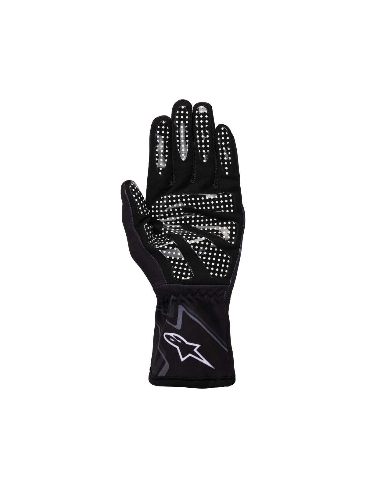 Guantes Alpinestars Juveniles Tech-1 K Race S V2 Graphic 1, negro, gris tar y blanco, vista de la palma con patrón de agarre de silicona blanca en los dedos y la palma, construcción de ante sintético, logotipo A-star blanco en el puño elástico