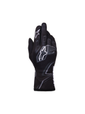 Alpinestars Youth Tech-1 K Race S V2 Graphic 1 Gloves, Youth Karting Gloves, Black Tar Gray and White, featuring bold white Astar logos and gray flame-inspired graphics, lightweight textile construction with a secure elasticated cuff
