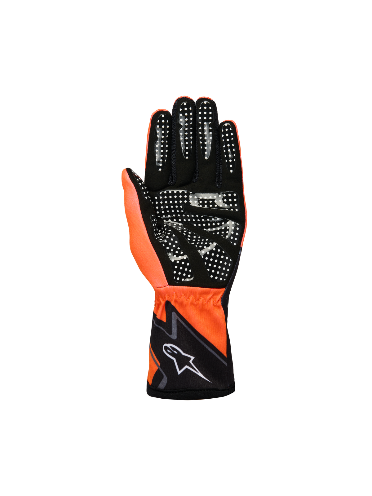 Guantes Alpinestars Youth Tech-1 K Race S V2 Graphic 1, guantes de karting, naranja flúor, negro y blanco, vista de la palma con ante sintético negro y patrón de agarre de silicona blanca, pulgar naranja flúor y puño negro con el logotipo de Alpinestars en blanco