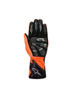Guantes Alpinestars Youth Tech-1 K Race S V2 Graphic 1, guantes de karting, naranja flúor, negro y blanco, vista de la palma con ante sintético negro y patrón de agarre de silicona blanca, pulgar naranja flúor y puño negro con el logotipo de Alpinestars en blanco