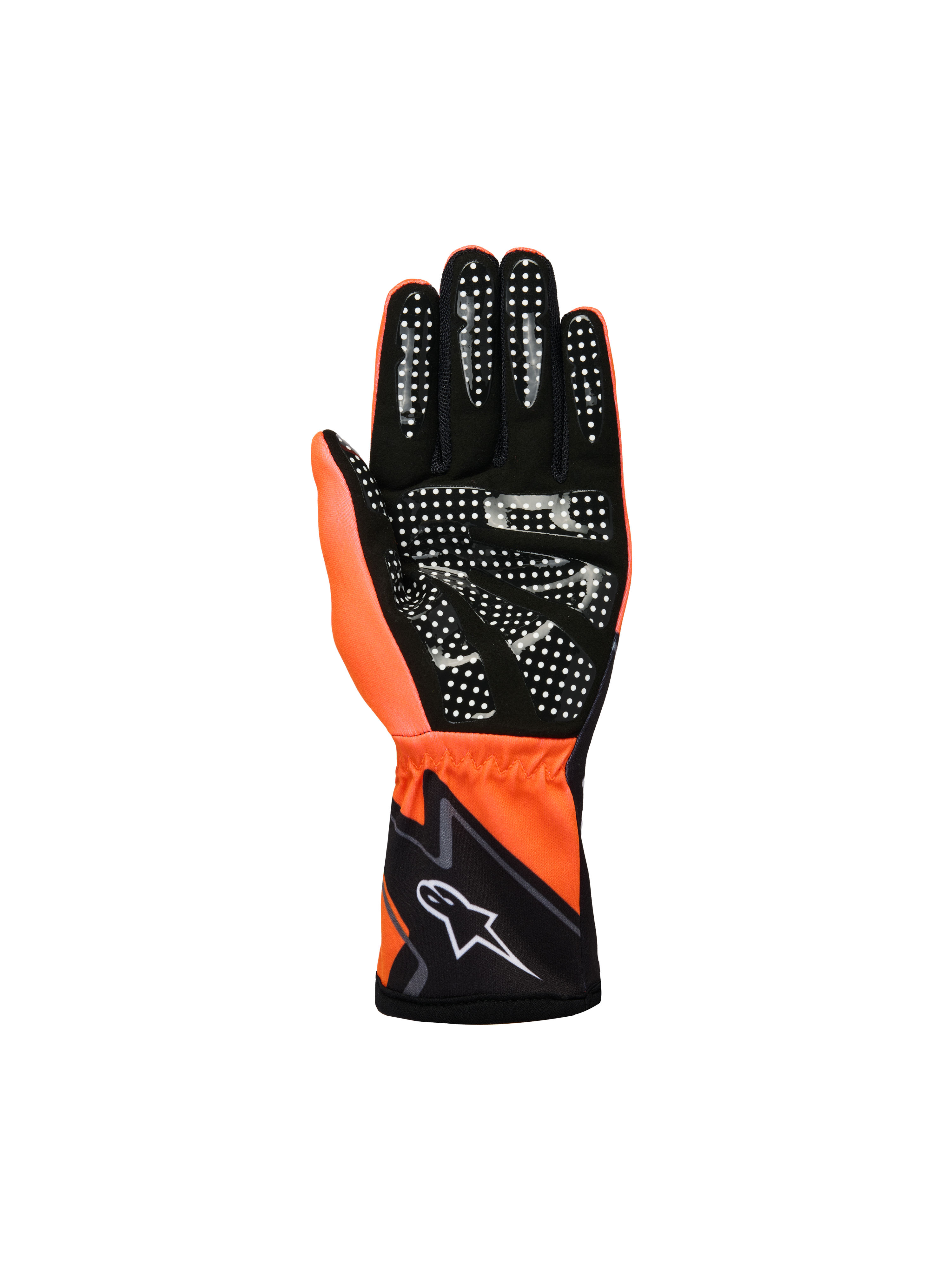 Guantes Alpinestars Youth Tech-1 K Race S V2 Graphic 1, guantes de karting, naranja flúor, negro y blanco, vista de la palma con ante sintético negro y patrón de agarre de silicona blanca, pulgar naranja flúor y puño negro con el logotipo de Alpinestars en blanco