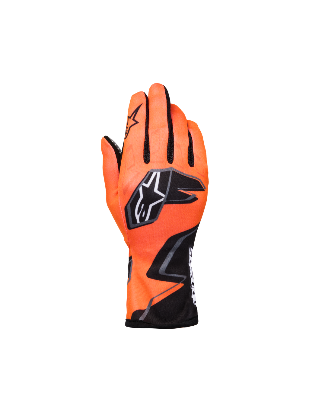 Guantes Alpinestars Youth Tech-1 K Race S V2 Graphic 1, guantes de karting, naranja flúor y negro, con un llamativo logo de estrella y gráficos agresivos, vista del dorso con inserciones de malla negra en los dedos, construcción textil ligera para competición juvenil