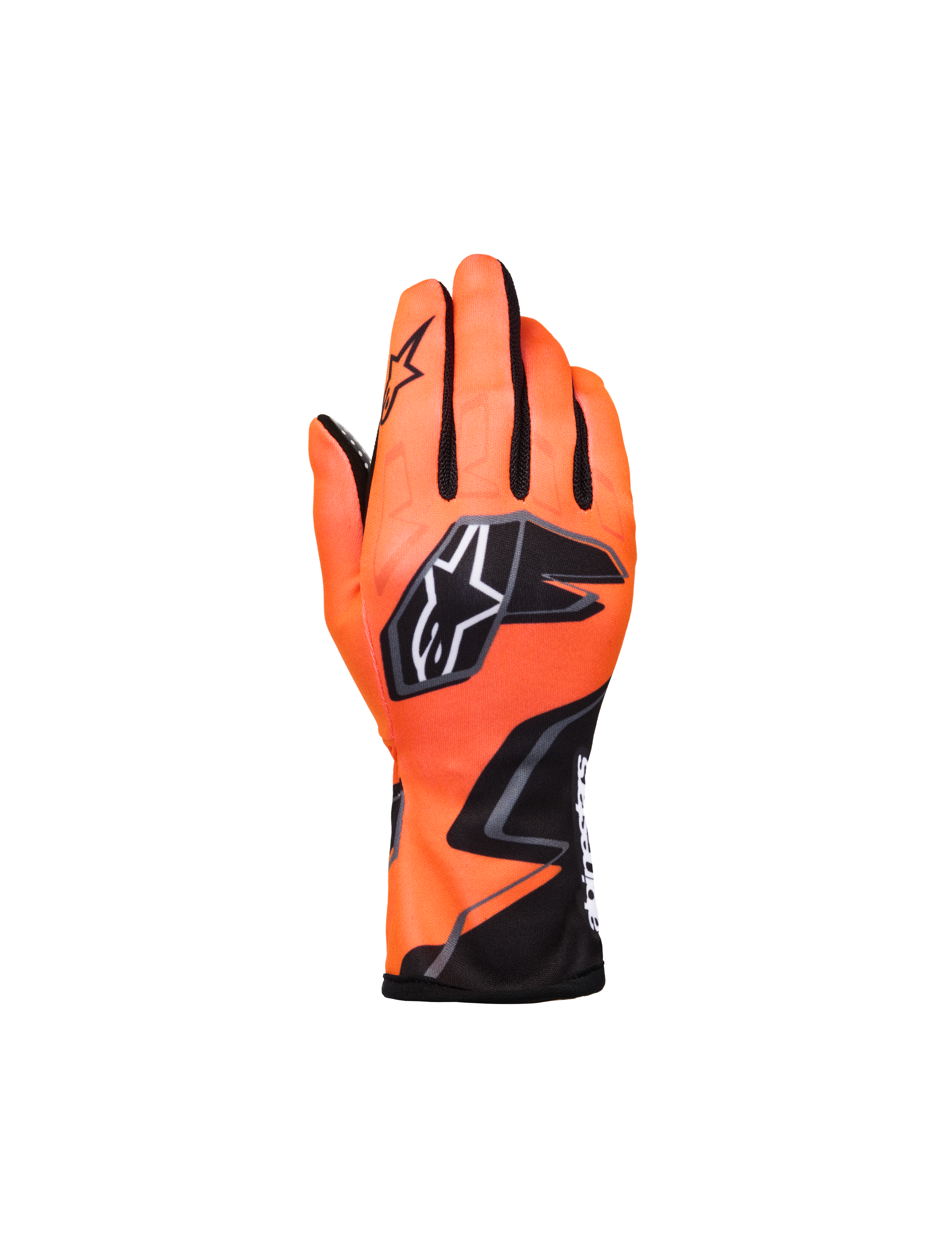 Guantes Alpinestars Youth Tech-1 K Race S V2 Graphic 1, guantes de karting, naranja flúor y negro, con un llamativo logo de estrella y gráficos agresivos, vista del dorso con inserciones de malla negra en los dedos, construcción textil ligera para competición juvenil