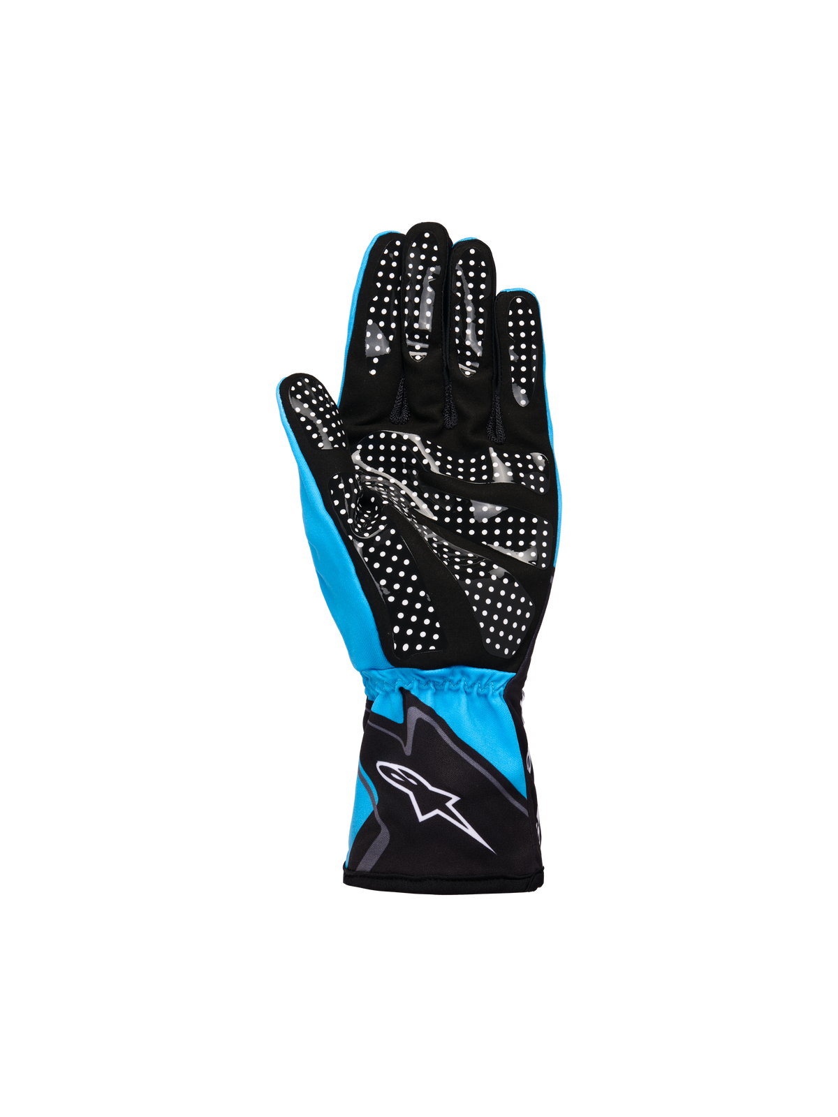 Guantes Alpinestars Youth Tech-1 K Race S V2 Graphic 1, cian, negro y blanco, vista de la palma con patrón de agarre de silicona de puntos blancos, confección en tejido ligero y ante sintético con logotipo de Alpinestars en el puño elástico