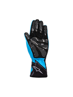 Guantes Alpinestars Youth Tech-1 K Race S V2 Graphic 1, cian, negro y blanco, vista de la palma con patrón de agarre de silicona de puntos blancos, confección en tejido ligero y ante sintético con logotipo de Alpinestars en el puño elástico