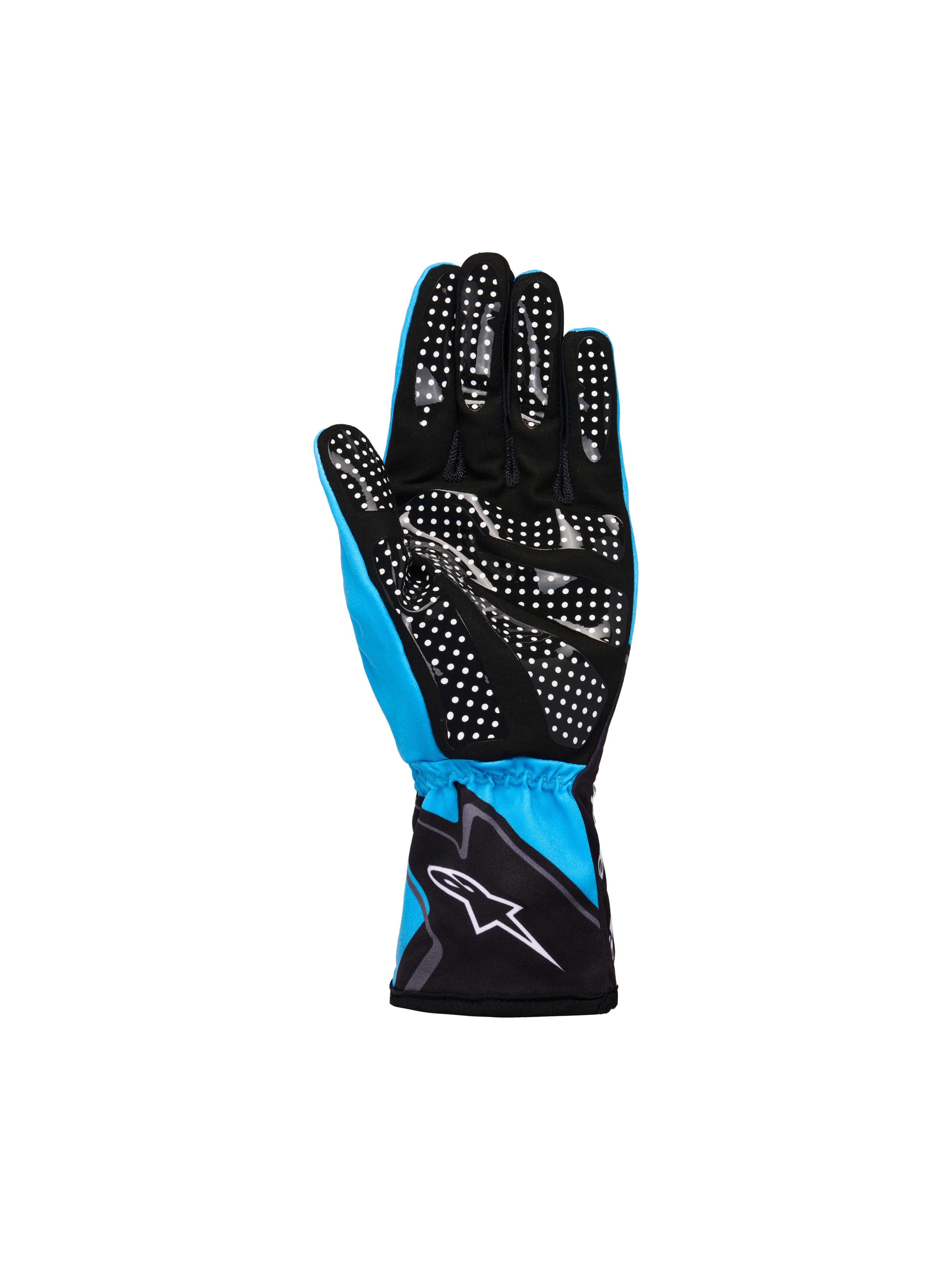 Guantes Alpinestars Youth Tech-1 K Race S V2 Graphic 1, cian, negro y blanco, vista de la palma con patrón de agarre de silicona de puntos blancos, confección en tejido ligero y ante sintético con logotipo de Alpinestars en el puño elástico