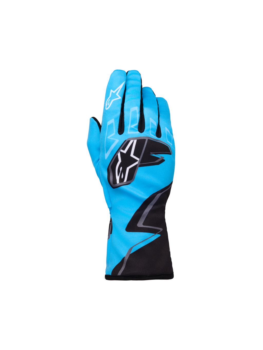 Alpinestars Youth Tech-1 K Race S V2 Graphic 1, guantes de karting para jóvenes, azul cian con detalles en negro y blanco, logotipos de estrella de Alpinestars en los nudillos y el dedo índice, patrón gráfico en zigzag, protección deportiva ligera para jóvenes pilotos