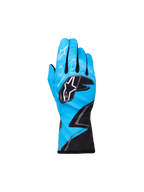 Alpinestars Youth Tech-1 K Race S V2 Graphic 1, guantes de karting para jóvenes, azul cian con detalles en negro y blanco, logotipos de estrella de Alpinestars en los nudillos y el dedo índice, patrón gráfico en zigzag, protección deportiva ligera para jóvenes pilotos