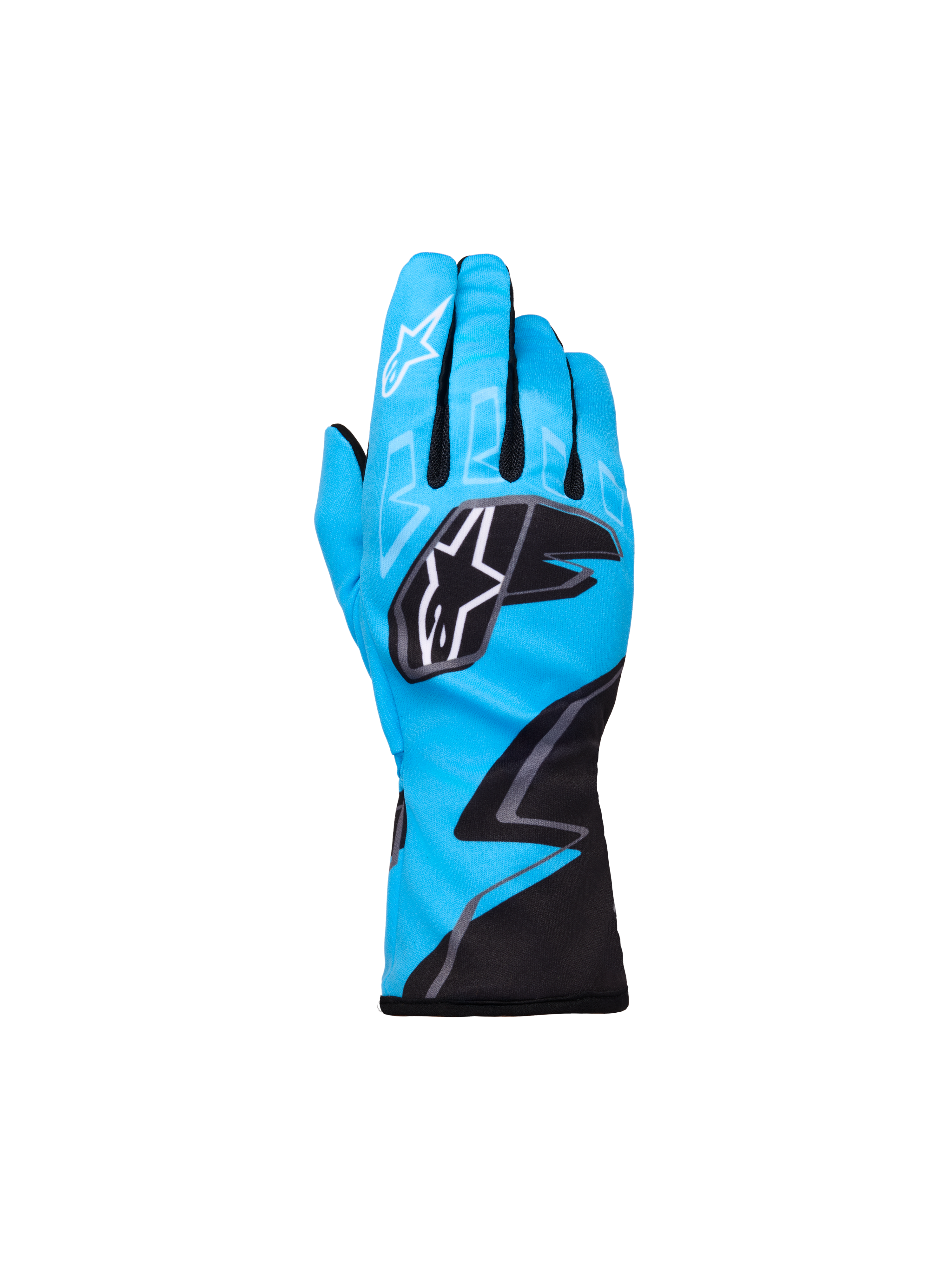 Alpinestars Youth Tech-1 K Race S V2 Graphic 1, guantes de karting para jóvenes, azul cian con detalles en negro y blanco, logotipos de estrella de Alpinestars en los nudillos y el dedo índice, patrón gráfico en zigzag, protección deportiva ligera para jóvenes pilotos