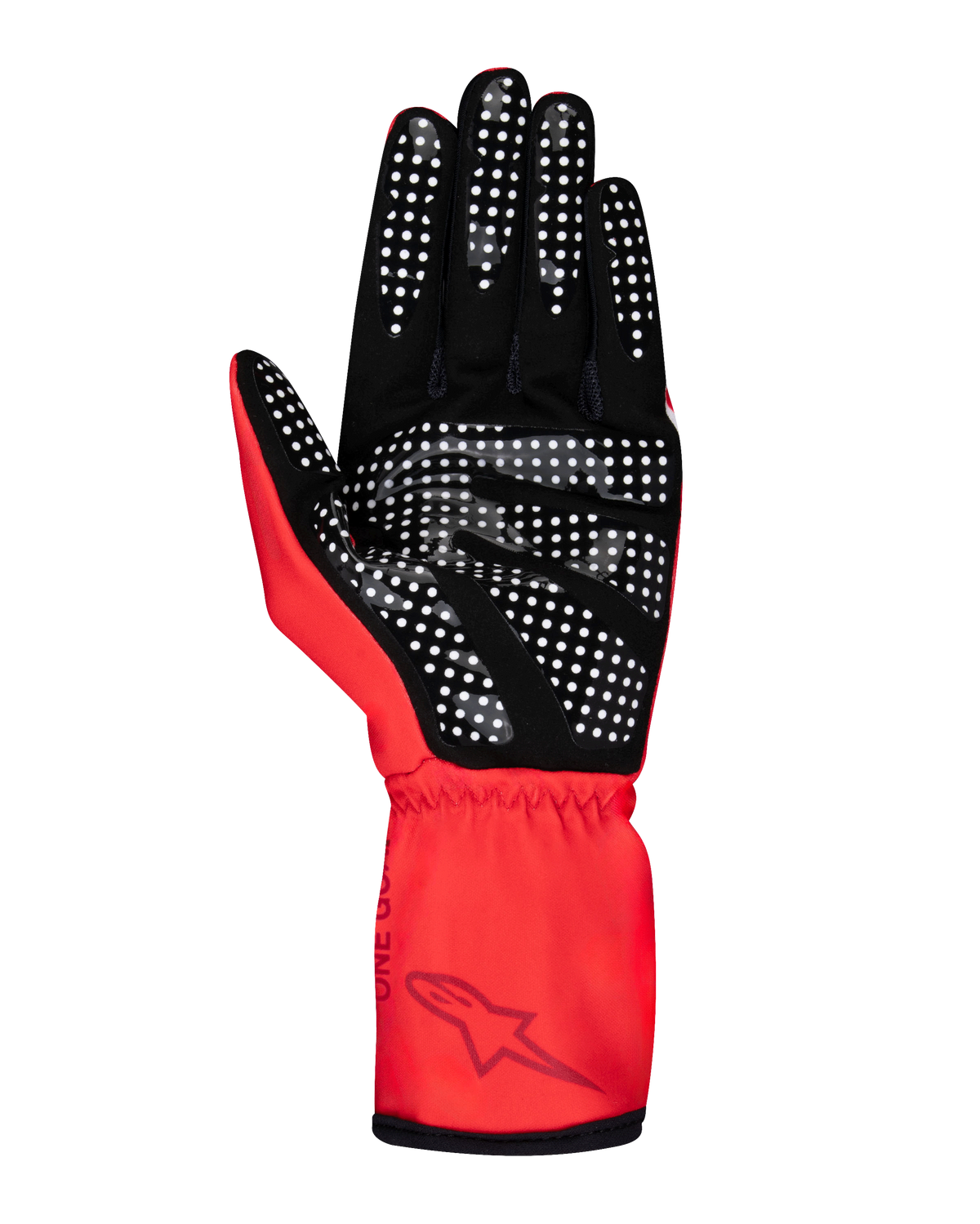 Alpinestars Youth Tech-1 K Race S V2 Pure, guantes de karting, rojos, vista de la palma con agarre de puntos de silicona blancos sobre ante sintético negro y muñeca elástica con el logotipo de Alpinestars